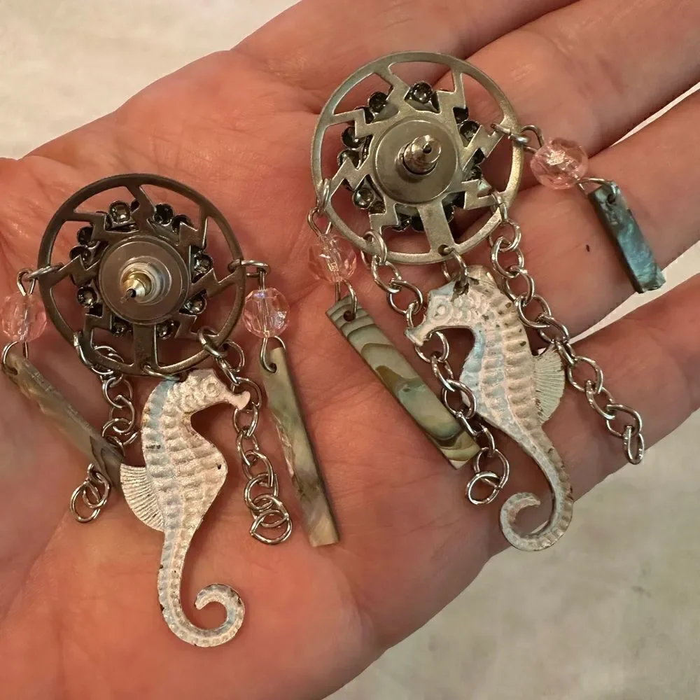 Earrings Pierced Post Seahorses Silver Jewels Dangles Pink